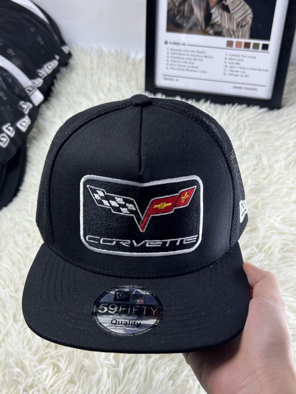 Corvette Embroidered Snapback Hat Black Trucker Cap Sports Car Logo Baseball Hat